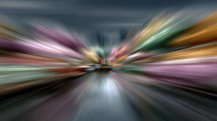 Abstract motion blur of cityscape at night with colorful lights.
