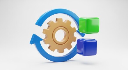 A 3D render features a gold cogwheel interconnected by blue arrows with a green and blue cube in a cycle, set against a clean white backdrop.