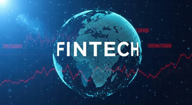 Fintech on a globe is displayed with glowing red graph lines and digital numbers, set against a blue background, represents a digital financial technology concept. - Powered by Adobe