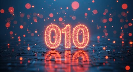 Bright red binary code '010' shines on a dark, reflective circuit board background, complemented by blurred bokeh lights. Illustrates modern digital technology.