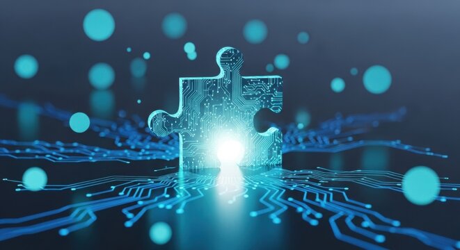 A glowing puzzle piece sits atop a blue neural network on a dark background symbolizing artificial intelligence and technology connection.