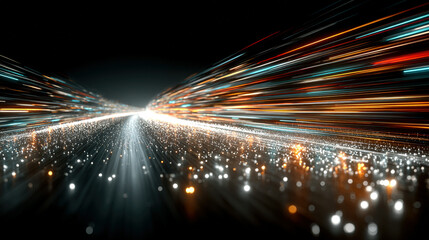 高速光轨在黑暗中描绘未来科技高速运动的视觉效果。