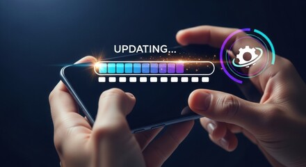 A pair of hands are holding a smartphone with updating progress bar on its screen featuring blue and orange hues against a dark backdrop.