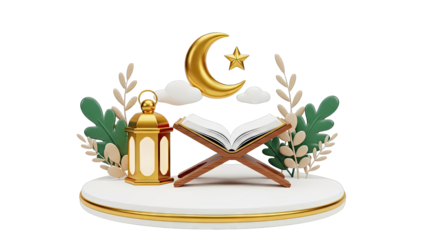 Islamic Ramadan and Eid Decorations with Quran, Lantern, Crescent Moon, and Star