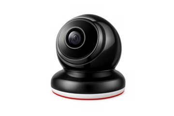 Black security surveillance camera for home or business monitoring, ensuring safety and privacy with digital recording, with transparent background