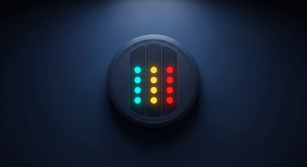 A close up studio shot highlights an illuminated light panel with vibrant colorful LED indicators set against a deep blue surface. Modern minimalist design.