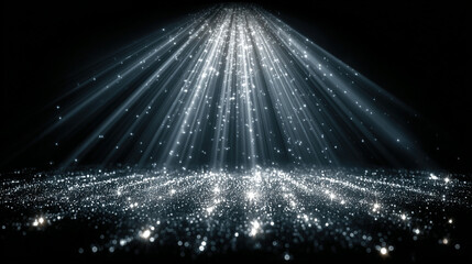 sparkling lights radiate downward in a dark space with glowing particles floating.