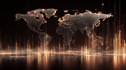 global digital economy growth concept, holographic world map with rising data lines, finance and technology future,