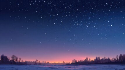 Fototapeta premium Winter Solstice Night Sky Features Star-Filled View Over Snow-Covered Field With Northern Glow on Horizon Displaying Cosmic Wonder and Stillness