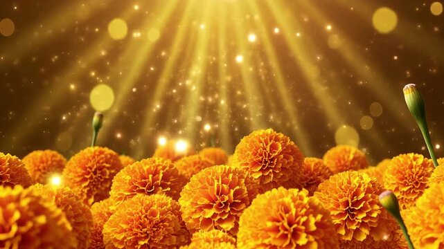 A festive Hindu wedding invitation with marigold garlands and glowing golden lights