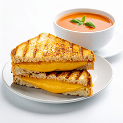 Grilled cheddar cheese sandwich with a bowl of homemade tomato soup on the side. Isolated on white background