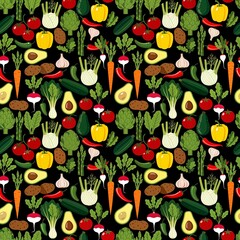 Colorful fresh vegetables seamless pattern on black background