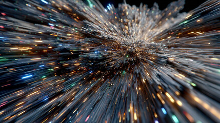 A dynamic depiction of outer space with streaks of colorful lights converging.