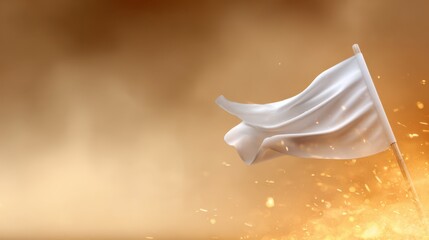 Six white flags waving amidst fiery chaos, symbolizing surrender and resilience in a hellish landscape filled with flames and turmoil