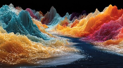Vibrant abstract digital landscape with colorful mountains and flowing river of light particles