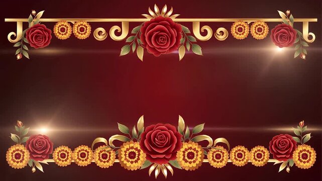 A refined Hindu wedding invitation visual presents a symmetrical floral border with glowing golden accents