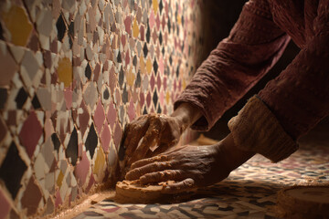 Moroccan tile mosaic installation artisan hand traditional craft geometric colorful grout closeup wall pattern detailed cultural decorative skilled texture ceramic design handmade craftsmanship
