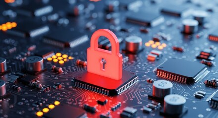 Close up of a red padlock icon sitting on a dark electronic circuit board emphasizing cybersecurity, data protection and the digital lock concept.