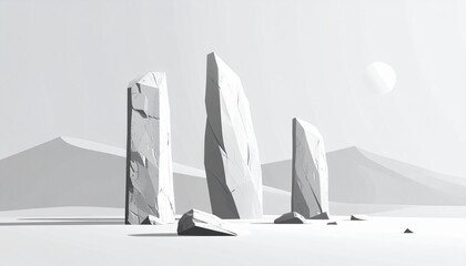 minimalist vector illustration of ancient monoliths, clean geometric shapes, flat design, white background