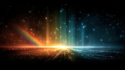 Vibrant light spectrum over a reflective, digital-looking surface in a starry sky.