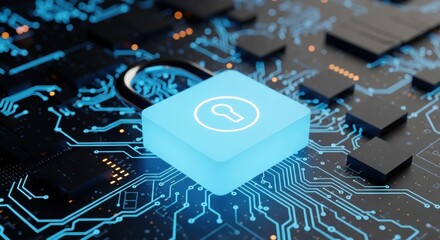 Turquoise padlock resting on circuit board with black electronic components and orange lights, depicting cybersecurity in high-angle shot.