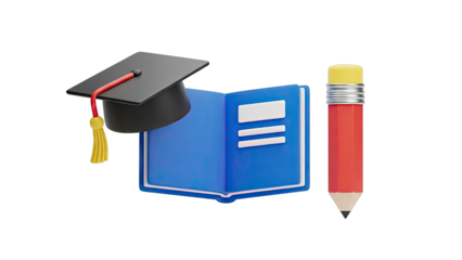 Graduation Cap, Open Book, and Pencil 3D Render
