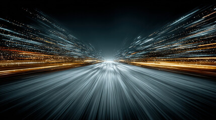 Abstract long exposure image of moving lights on a dark road.