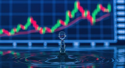 Water drop with a financial chart as background. The chart shows blue, red, and green lines. Water ripples give a sense of market movement and investment.