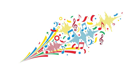 Colorful abstract illustration of musical notes and sound waves expanding outward, dynamic concept © Ambon