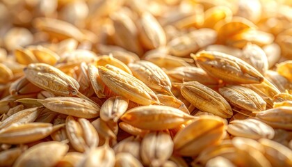Close-up of golden barley grains, showcasing their texture and natural beauty.
