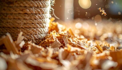 Close-up of wood shavings and rope, rustic woodworking scene.