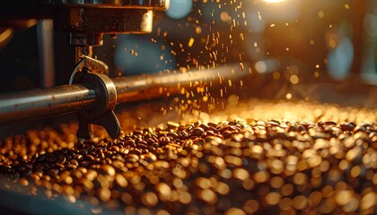 Coffee roasting process - beans in motion with machine arm.