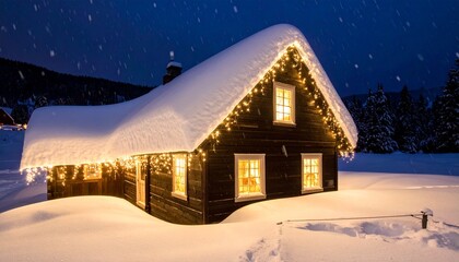 Cozy cabin nestled in a snowy winter wonderland at night.