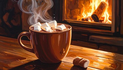 Cozy Hot Chocolate with Marshmallows by Fireplace.