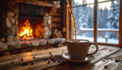 Cozy Winter Scene - Coffee Pour by Fireplace with Snowy View.