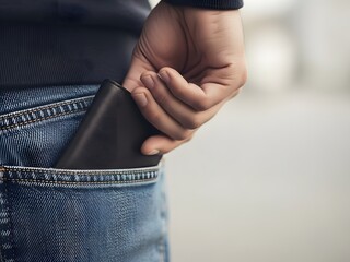 Close up of person hand stealing black leather wallet from back pocket of blue jeans on urban street