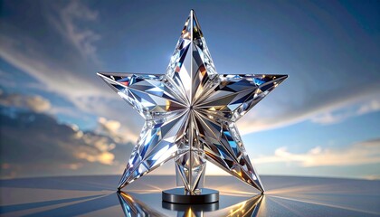 Crystal star award against a backdrop of clouds and sky.