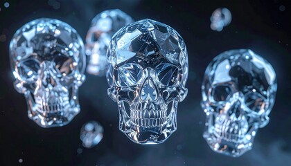 Crystal Skulls Floating in a Dark Void - A Macabre Still Life.
