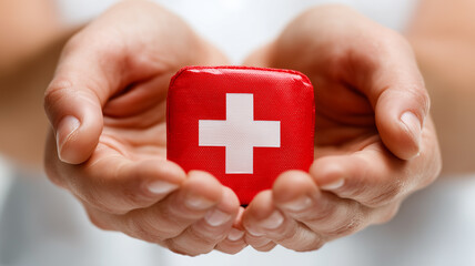 Hands holding a red first aid cross symbol representing healthcare support medical assistance and safety.
