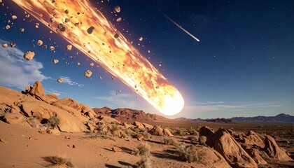 Dramatic meteor shower over arid landscape with scattered rocks.