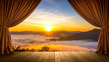 Dramatic sunrise landscape revealed through parted curtains on a wooden stage.