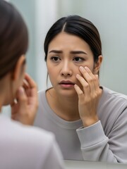 Worried Asian Woman Looking in Mirror Examining Skin Problems, Under Eye Bags, and Aging Concerns