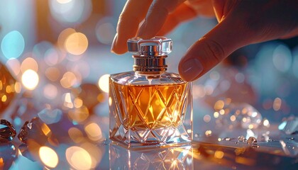 Elegant Perfume Bottle with Golden Liquid and Bokeh Lights.