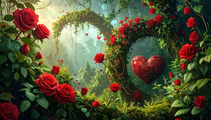 Enchanted Rose Garden with Heart Arches - A Romantic Fantasy.