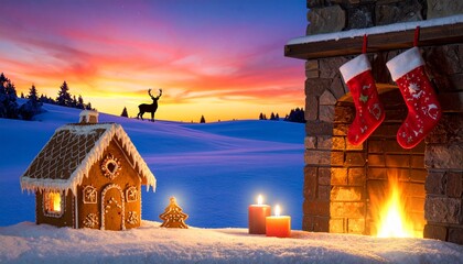 Enchanting Christmas Eve Scene with Gingerbread House and Fireplace.
