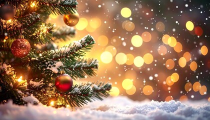 Festive Christmas Tree with Bokeh Lights and Snowfall Ambiance.