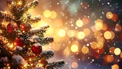 Festive Christmas Tree with Bokeh Lights and Snowfall.