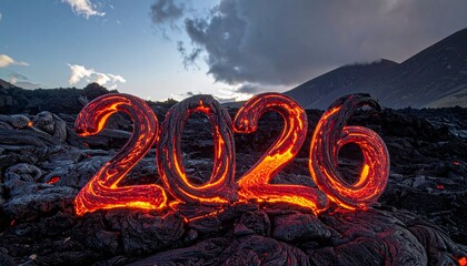 Fiery 2026 - Lava Numbers Against a Dramatic Landscape Backdrop.