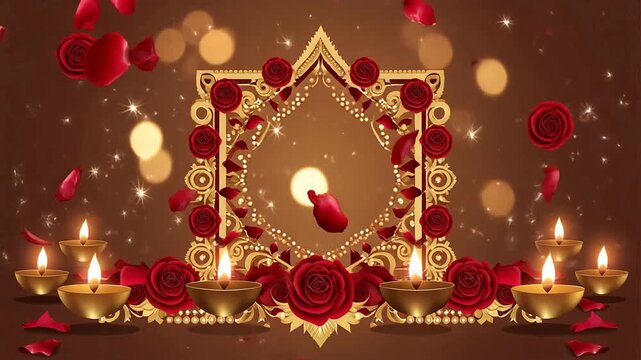 A traditional Hindu wedding invitation scene with floral symmetry and glowing lamps around the frame