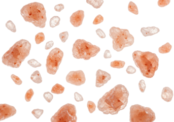 Translucent pink Himalayan salt crystals, irregularly shaped and varying in size, falling dynamically against a brilliant white studio background with high-key lighting, concept for culinary purity